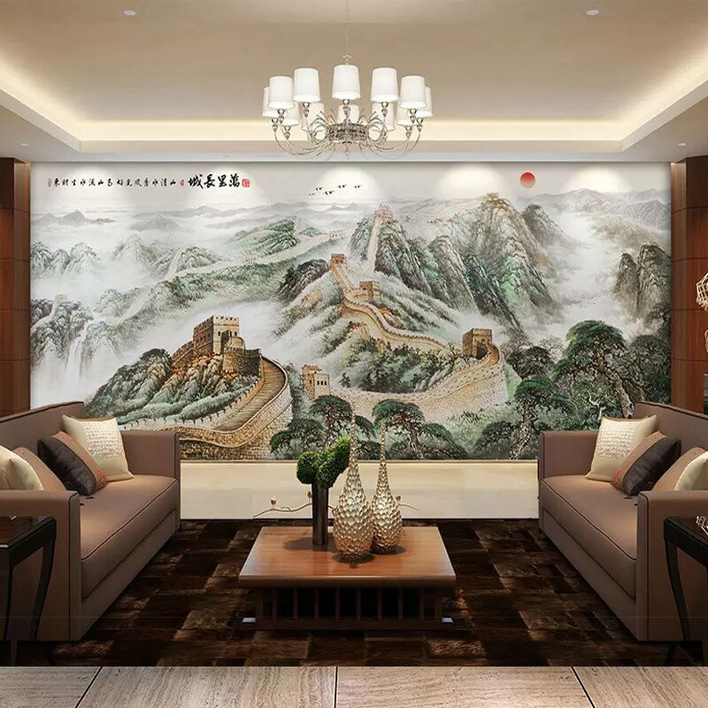 山水牆貼 中式3d立體萬裡長城山水畫電視背景牆壁紙牆布客廳辦公室大氣牆貼【HZ69037】