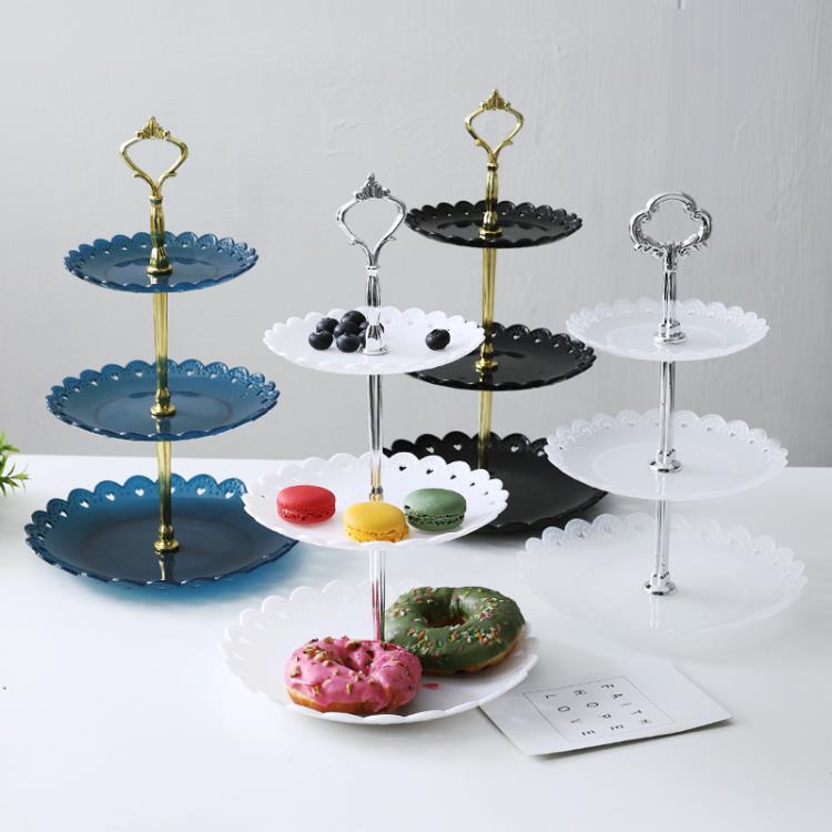 歐式塑料三層水果盤子藍客廳創意多層蛋糕架家用糖果干果點心托盤【摩可美家】