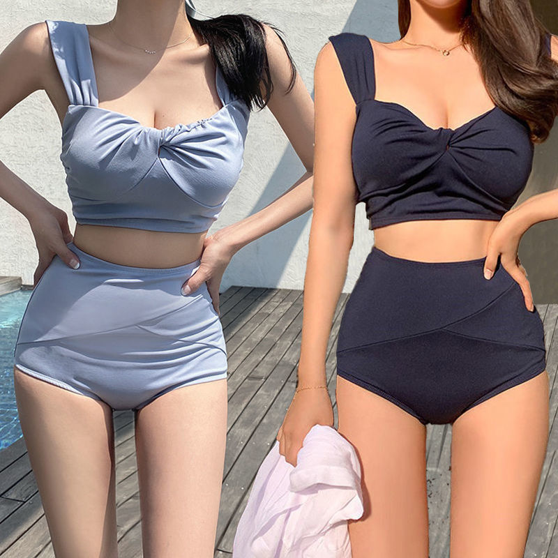 日韓新款女士分體高腰保守泳衣性感露背純色遮肚溫泉比基尼泳裝