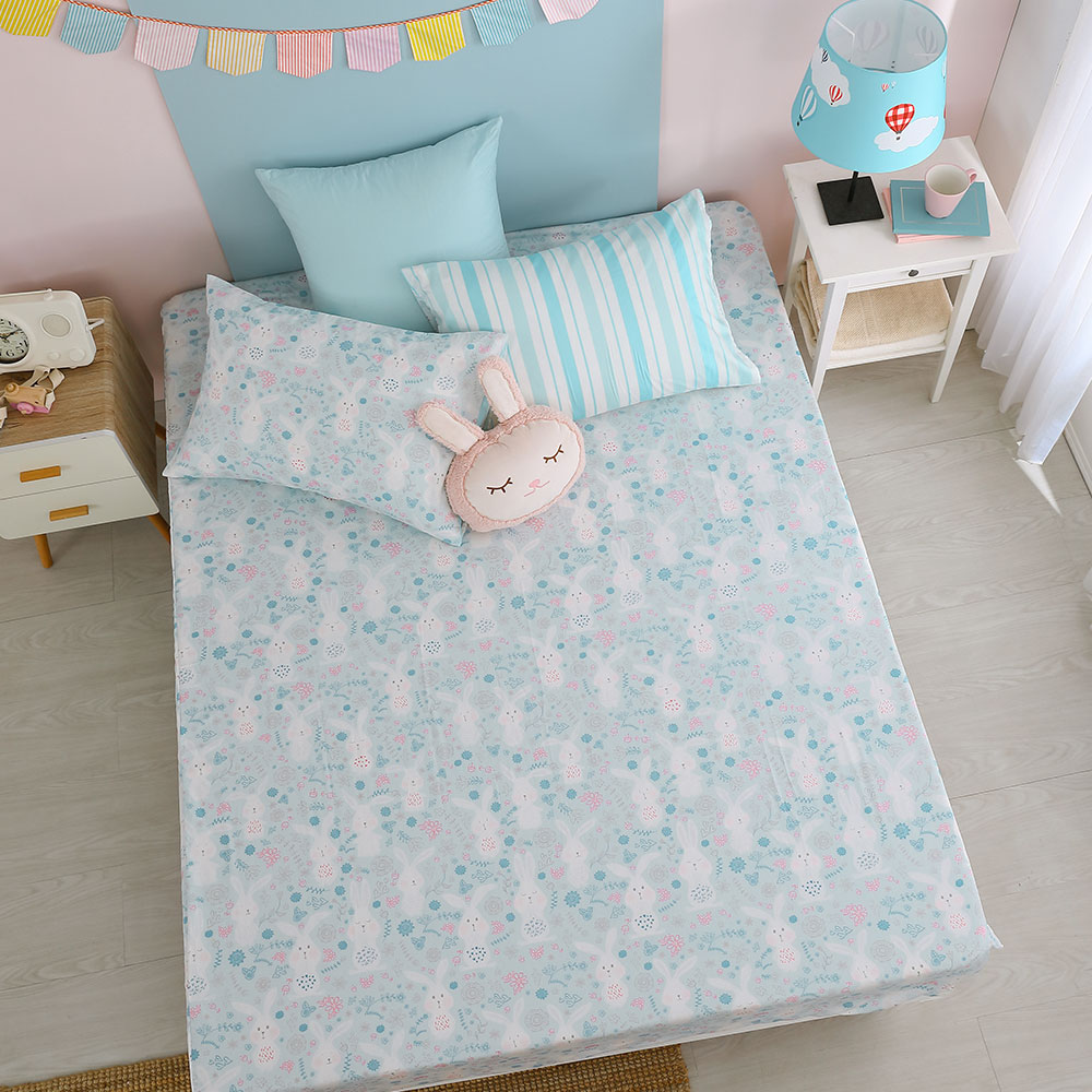 鴻宇 雙人床包組 眠眠兔藍 300織 美國棉授權品牌 台灣製2225
