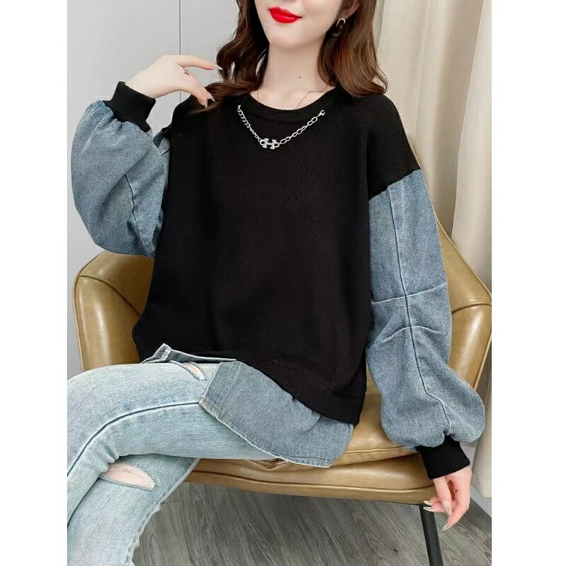 現貨+預購 針織衫長袖毛衣-牛仔拼接針織女上衣2色74jl59【獨家進口】【米蘭精品】 2