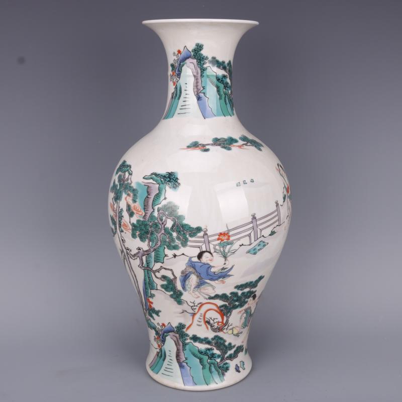 中国古董品 清康煕 古彩 人物 魚尾瓶 置物 賞物 J73