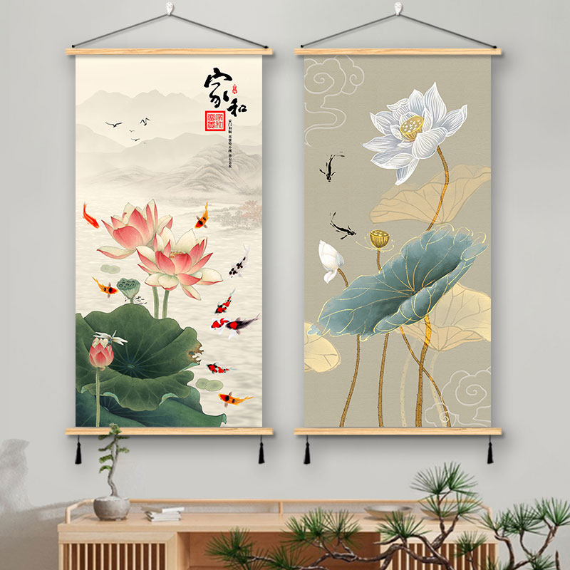 荷花新中式花鳥掛畫蓮花裝飾畫玄關臥室書房間客廳茶室背景墻壁畫
