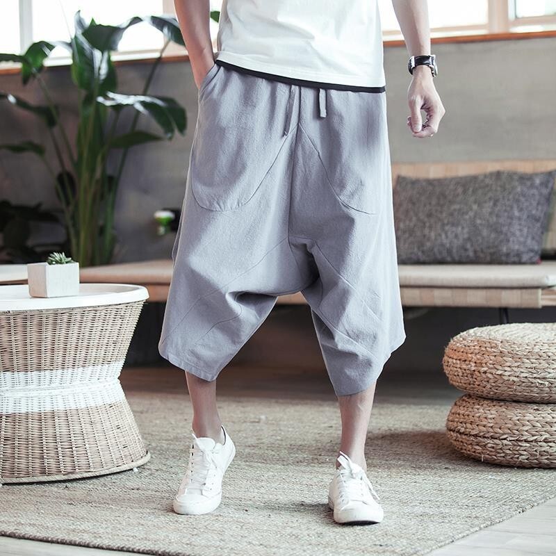棉麻休閒褲男|大尺碼50-115公斤男裝闊腿褲|棉麻褲裝飾寬鬆亞麻純色七分褲韓係穿搭韓版衣服大尺碼國風大象腿免燙