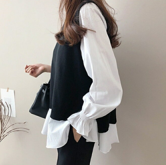 中大尺碼女裝~秋季新款 兩件式素面襯衫+針織馬甲 顯瘦百搭大尺碼上衣 2