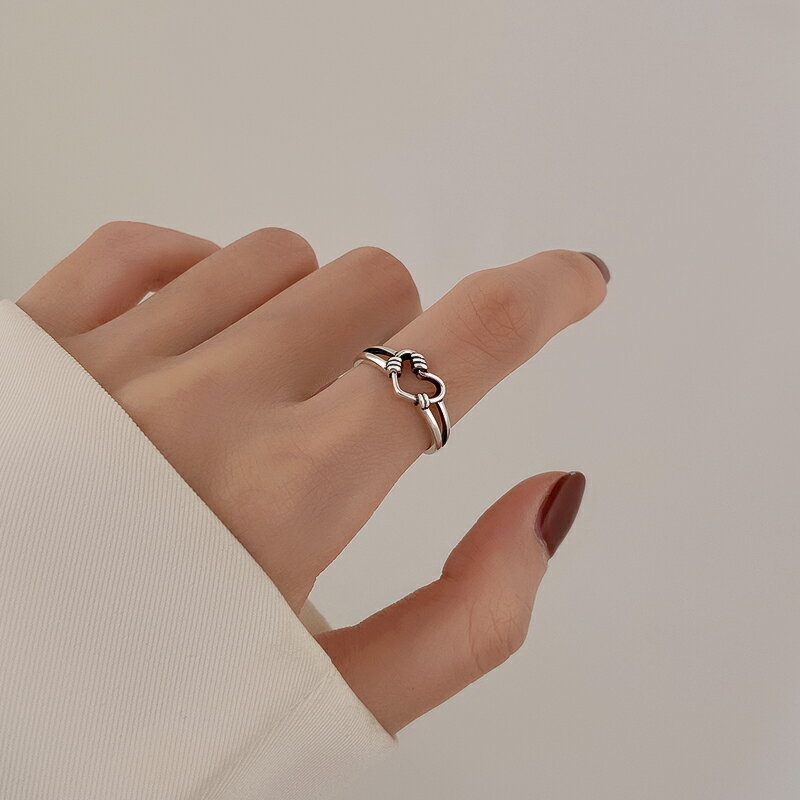 925純銀鏤空愛心戒指女小眾設計復古做舊食指戒ins潮個性時尚指環
