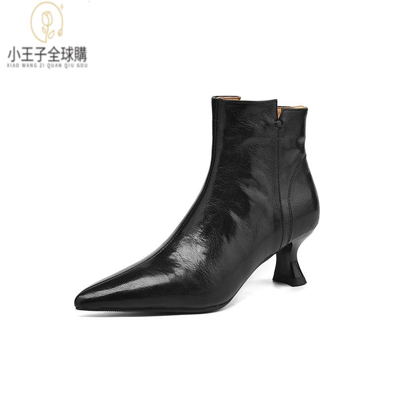 【公司現貨速發】免運 開發票 小短靴 堆堆靴 真皮女鞋 羊皮鞋 小皮鞋 樂福鞋裡外全皮細跟尖頭側拉鏈V口時裝靴頭層羊皮韓版復古中跟靴 定製