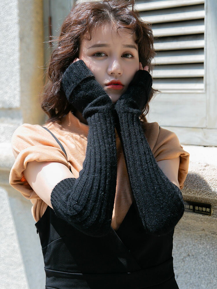 新款羊毛手套女冬季冬天純色加長款翻邊顯瘦針織毛線保暖袖套臂套1入