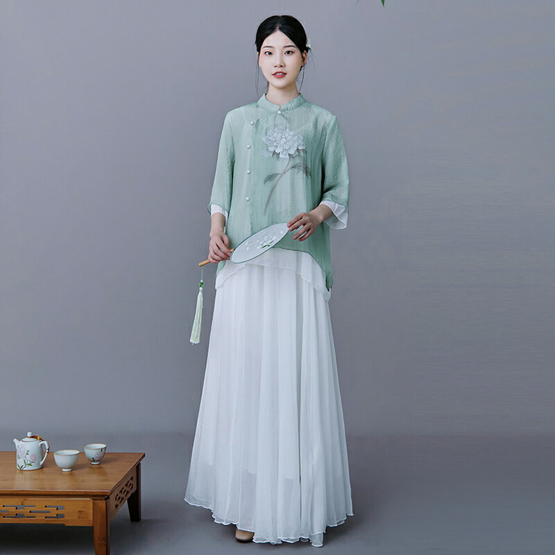 夏季中國風復古文藝棉麻上衣改良唐裝漢服襯衫中式禪意茶服?