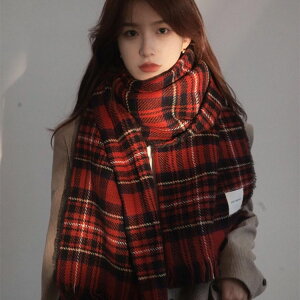 圣誕羊毛圍巾女冬季韓版高級感百搭紅色格子圍脖學生加厚保暖披肩