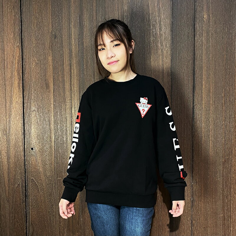 美國百分百【全新真品】GUESS 大學T 棉質 女款 HelloKitty 聯名 長袖上衣 LOGO 黑色 AE15