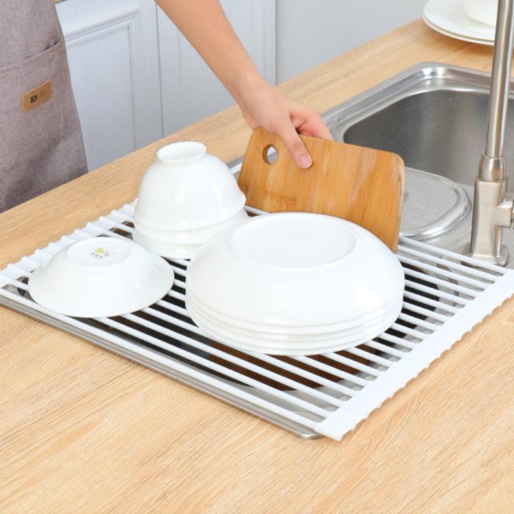 日式食品級硅膠廚房捲簾水槽瀝水架隔熱架置物架碗碟架蔬果濾水架
