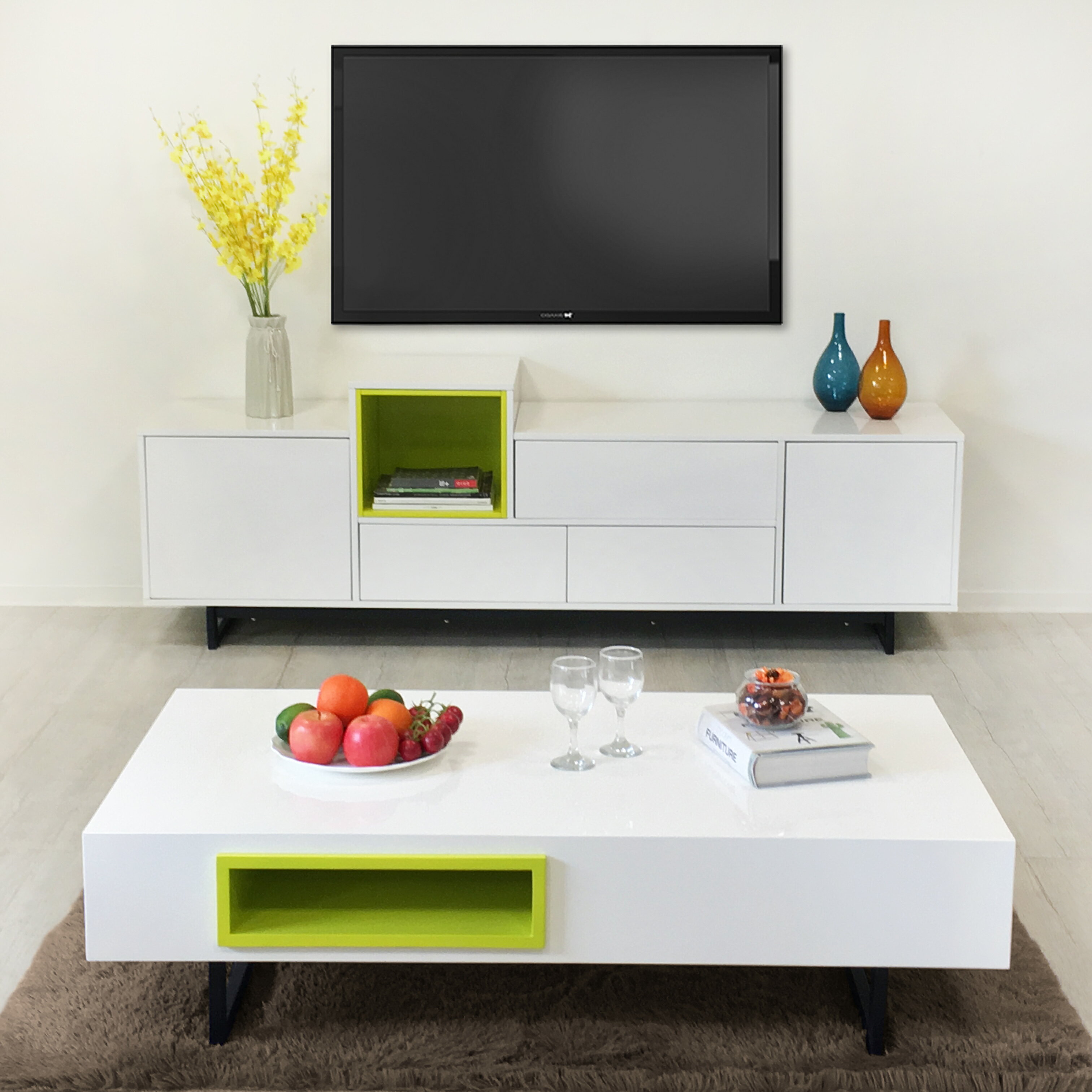 《珀莉》 電視櫃+茶几 兩套組 鋼琴烤漆 鏡面 白色亮烤 白色茶几 白色大幾 收納櫃 長形茶几 鐵腳 北歐 【新生活家具】 3