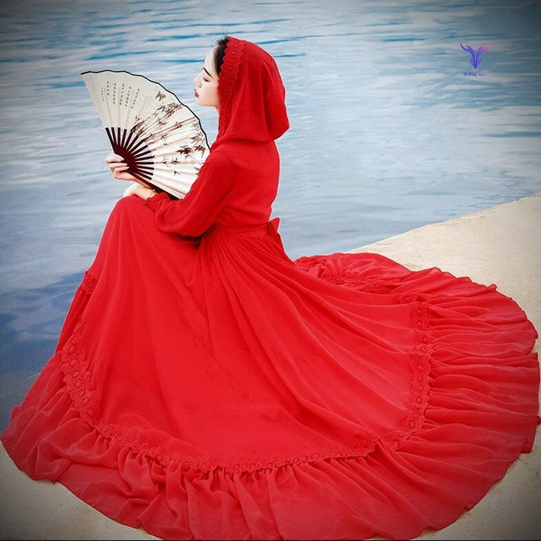 沙漠拍照紅斗篷茶卡鹽湖長裙仙女紅色雪紡連帽沙灘裙大擺新款網紅