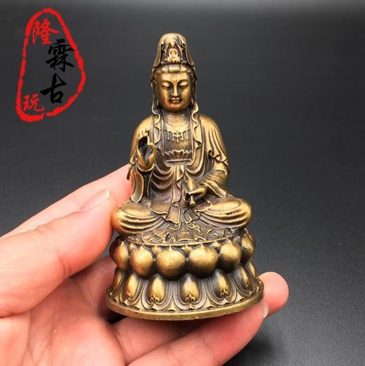 古玩銅器收藏 復古包漿老黃銅擺件 禮品奉供銅觀音 蓮花凈瓶觀音