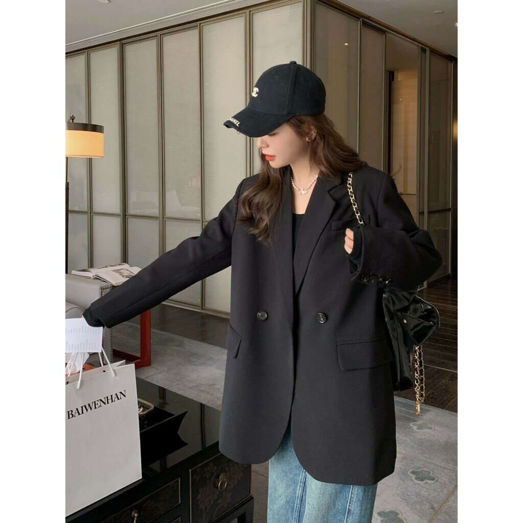 黑色西裝外套女 韓版寬鬆西服上衣 有內裡外套西裝 大衣 黑色西裝外套 顯瘦韓版大衣 中長款 女西裝外套 大尺碼西裝女