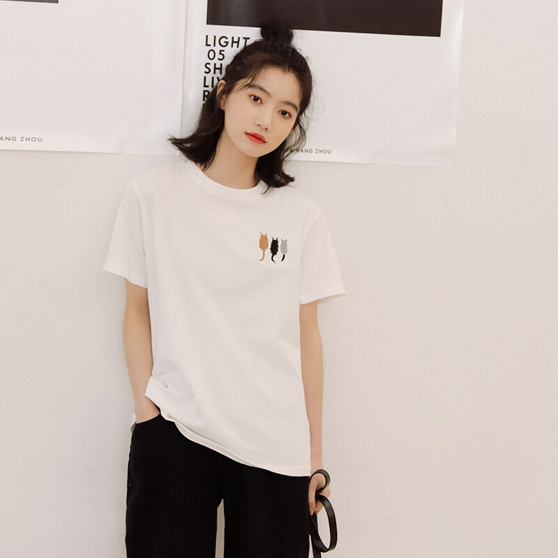 T恤短袖上衣-貓咪刺繡圓領簡約女裝2色73xn12【獨家進口】【米蘭精品】
