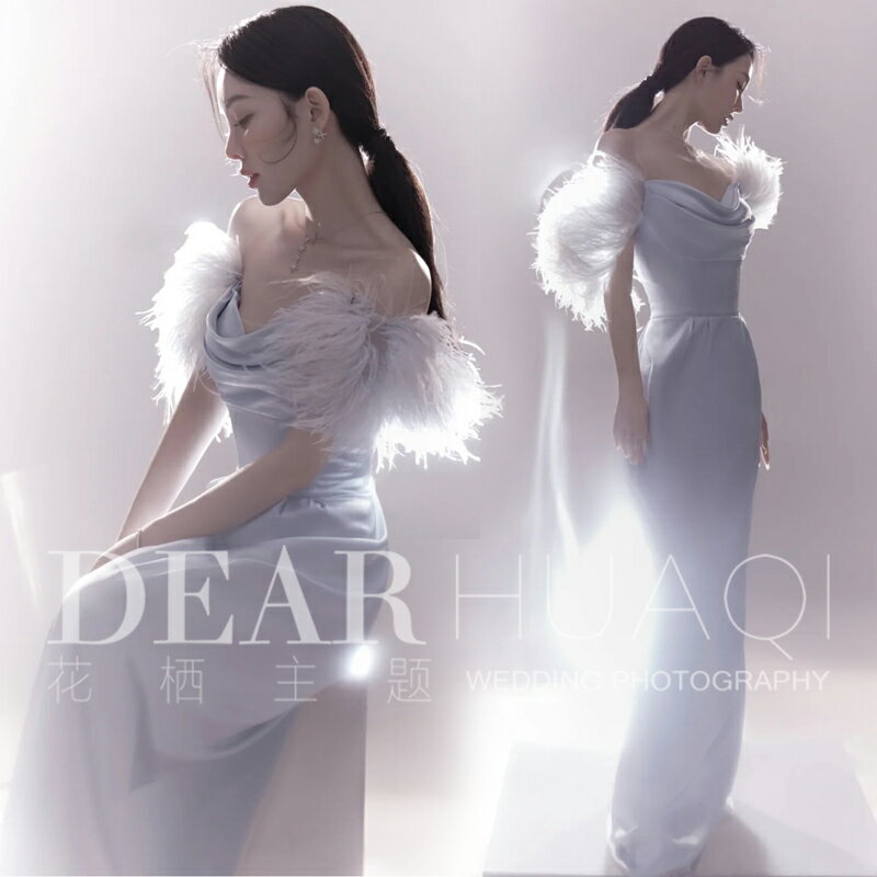 2022新款影樓主題服裝氣質優雅超仙夢幻鴕鳥毛禮服緞面魚尾輕婚紗