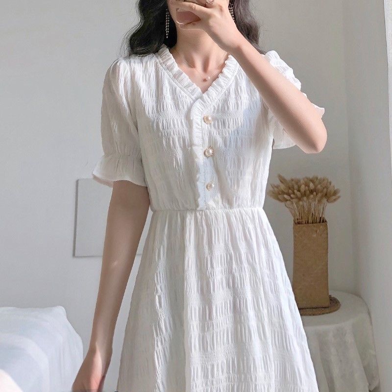 連衣裙韓版流行裙子桔梗法式復古氣質仙女時尚百搭小香風白色夏季新款