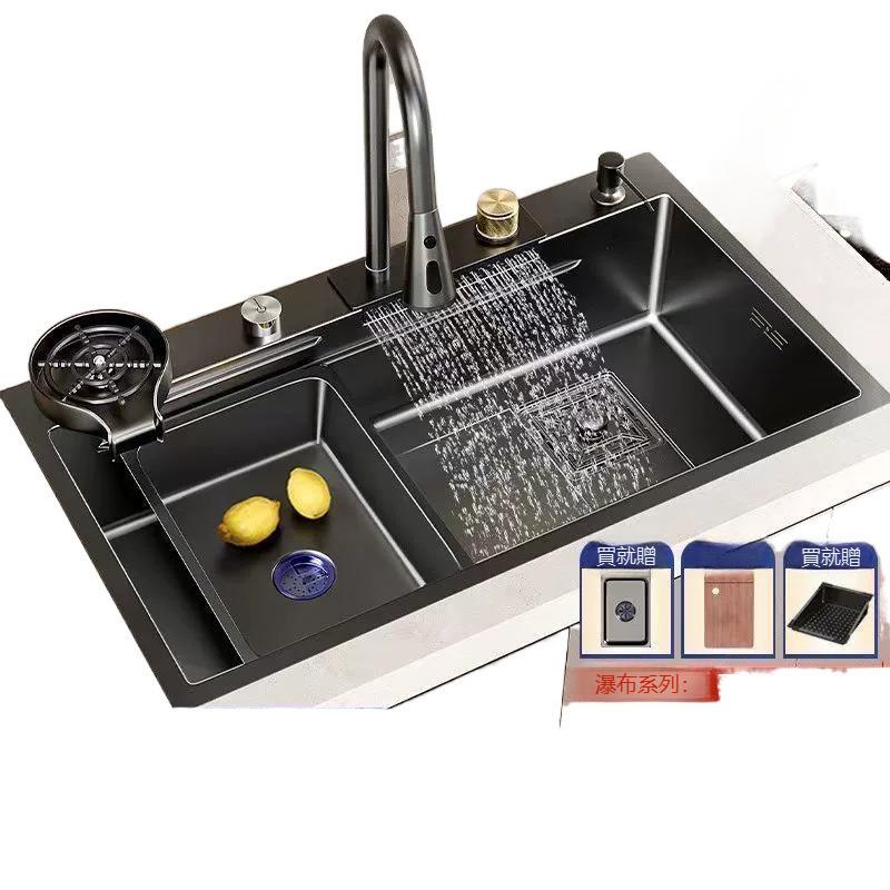 飛雨瀑布大單槽SUS304不銹鋼加厚手工洗菜盆廚房水槽家用洗碗池子[DD160109]