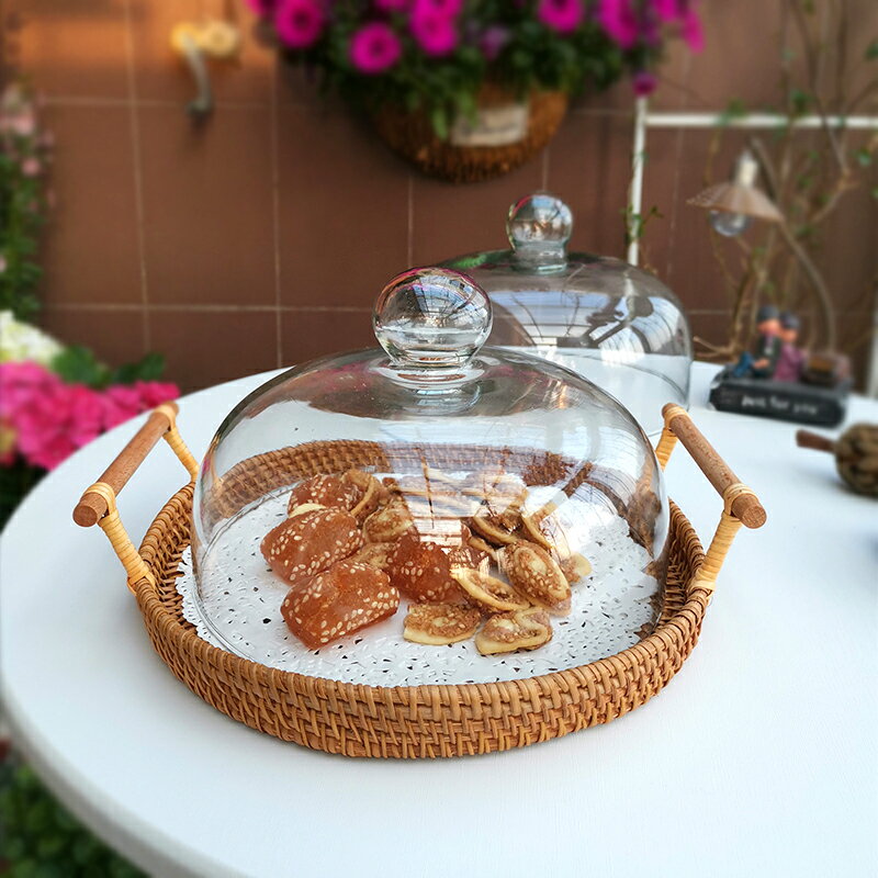 家用蛋糕罩透明玻璃蓋子 藤編託盤密封早餐點心盤 創意ins保鮮蓋