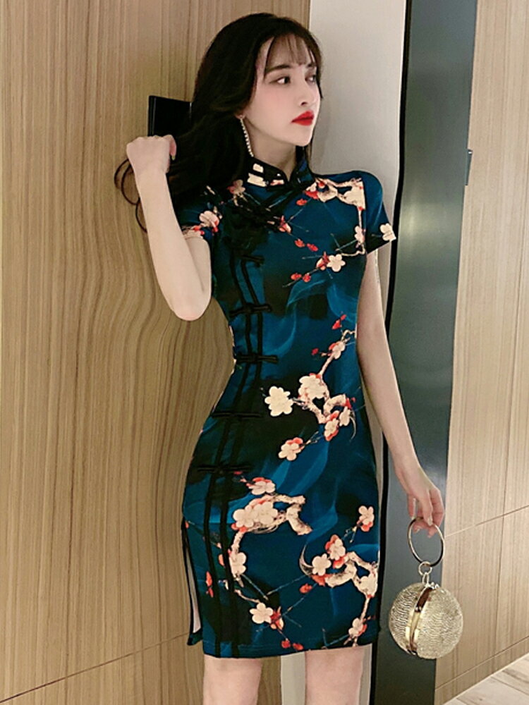 格格家 夏季復古中國風優雅修身改良旗袍短裙性感花色包臀連衣裙