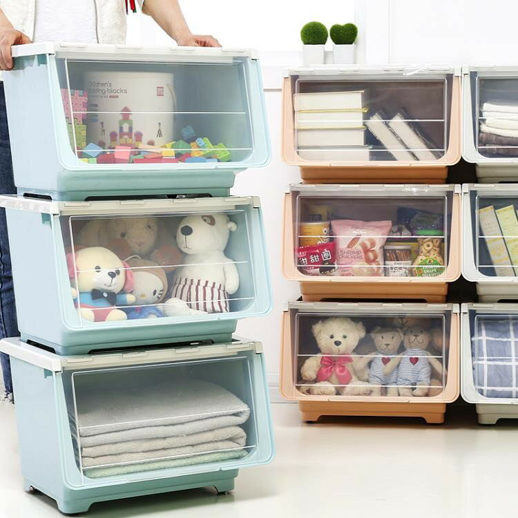 透明翻蓋儲物箱寶寶側開塑料整理箱廚房收納盒前開零食玩具收納箱