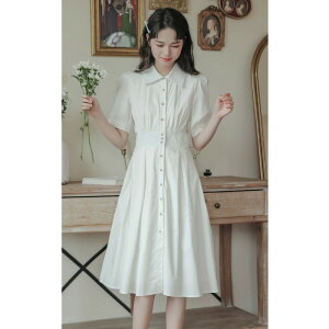 白色溫柔襯衫連身裙女夏季設計感單排扣chic學生泡泡袖長裙子洋裝