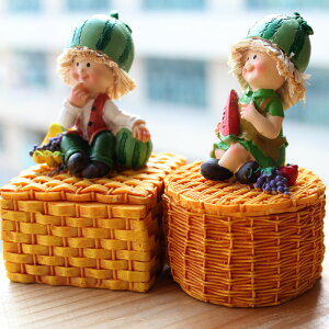 田園創意家居裝飾品小擺件情侶水果娃娃裝飾工藝品精靈戒指收納盒