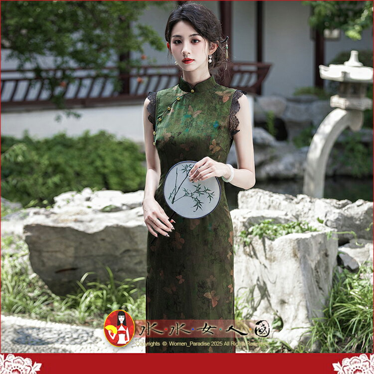 高階感印花老上海旗袍無袖長款改良年輕少女民國風新款復古日常可穿連身裙開衩洋裝-暗飄香(綠色)-水水女人國