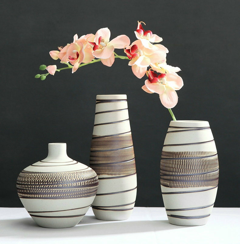 簡約復古景德鎮陶瓷花瓶三件套 陶瓷工藝品擺件客廳桌面插花花器