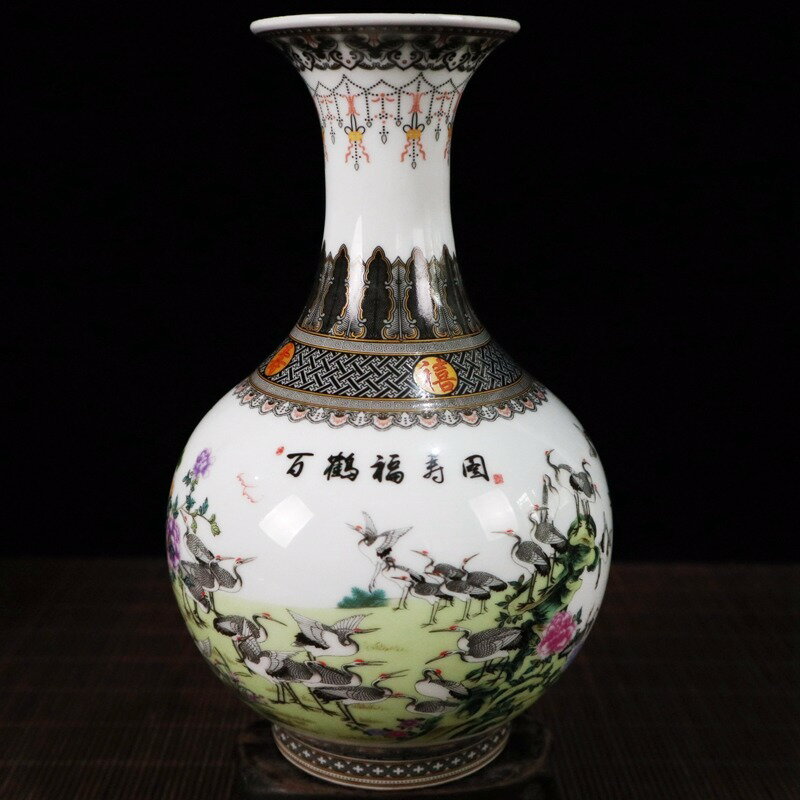 景德鎮陶瓷器百鶴圖花瓶擺件客廳插花花鳥圖薄胎瓷瓶中式家居裝飾
