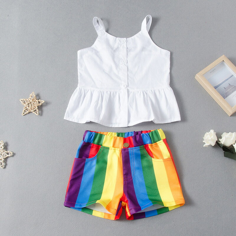 INS爆款兒童套裝夏季新款韓版女童裝吊帶上衣+彩虹褲兩件套潮