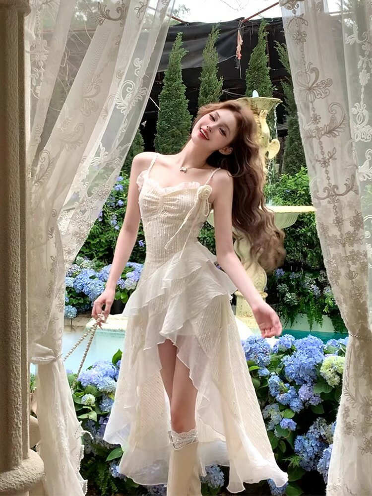 法式純欲甜辣妹木耳邊吊帶蕾絲連衣裙女春季初戀仙女度假雪紡長裙