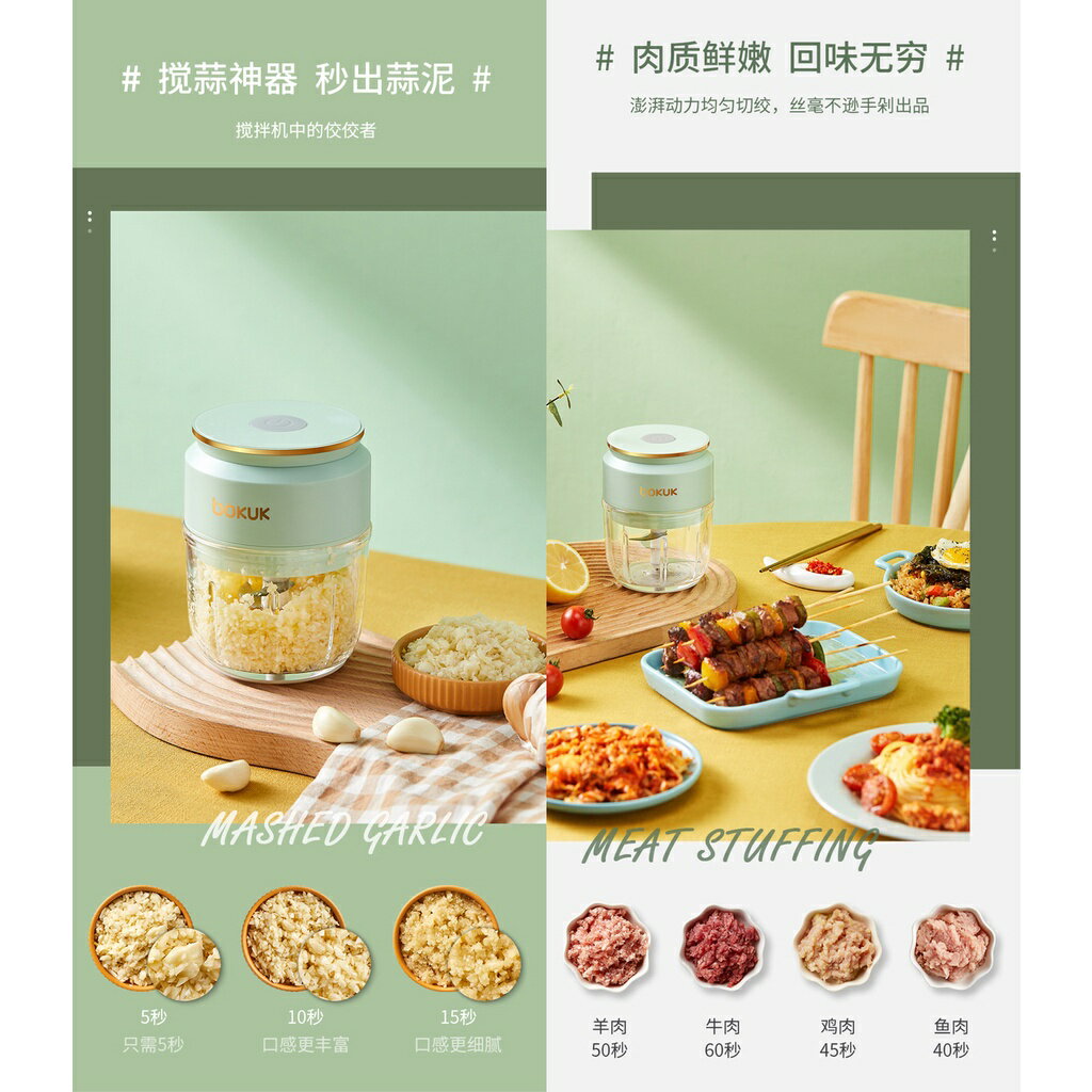 ISONA 蘿蔔兔roboto電動搗蒜器 絞肉機 攪碎機 蒜泥機 5V 30W 2000mAh 300ML玻璃料理杯 2