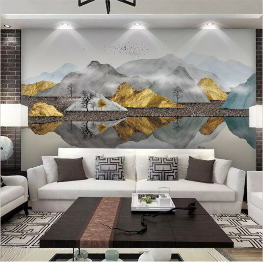 新中式現代立體抽象金色水墨山水電視背景墻壁畫客廳裝飾18D壁紙