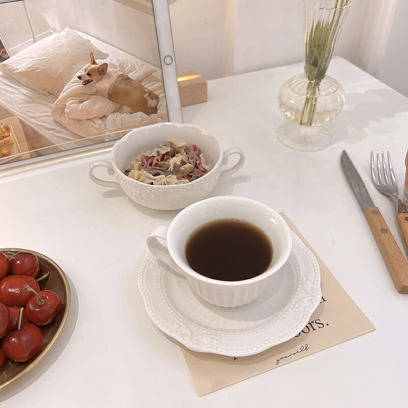 復古咖啡杯 歐式浮雕甜品碗陶瓷碟子陶瓷碗 早餐麥片碗牛奶杯子白