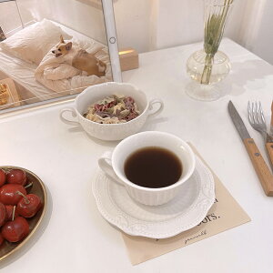 復古咖啡杯 歐式浮雕甜品碗陶瓷碟子陶瓷碗 早餐麥片碗牛奶杯子白