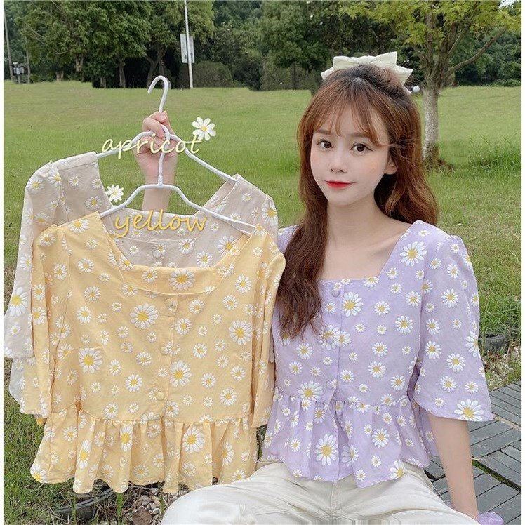 夏季新款韓版法式方領小雛菊碎花襯衫女設計感娃娃衫短款上衣