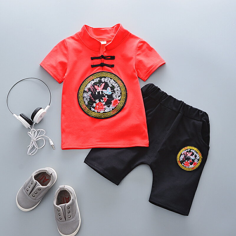 童裝男童漢服中國風兒童唐裝小孩套裝嬰兒寶寶夏季短袖復古兩件套 1