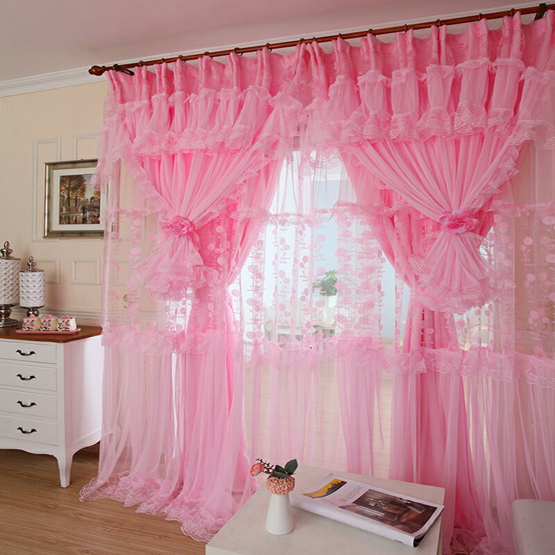 高檔韓式成品蕾絲窗簾田園粉色紫色清新公主婚房喜慶臥室客廳女孩