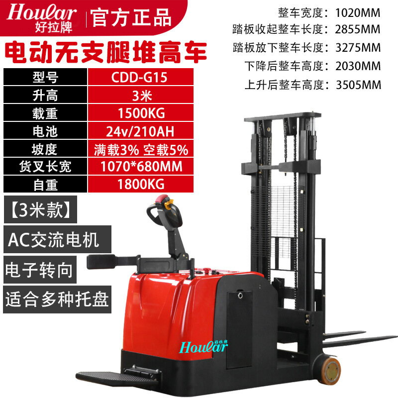 【含稅/免運】 szhoular站駕式平衡重式堆高車CDD-G15全電動叉車堆垛車無支腿車