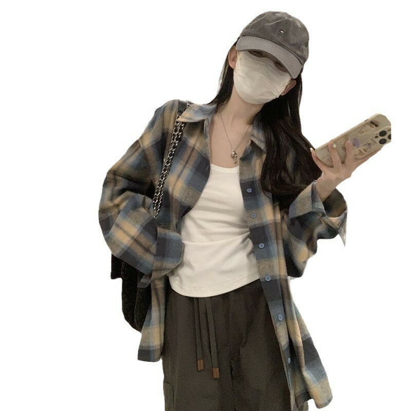 格子襯衫 女上衣 女裝 衣服 寬鬆上衣 格子襯衫女春夏秋新款韓版時尚少女小個子復古長袖襯衣休閒外套 2