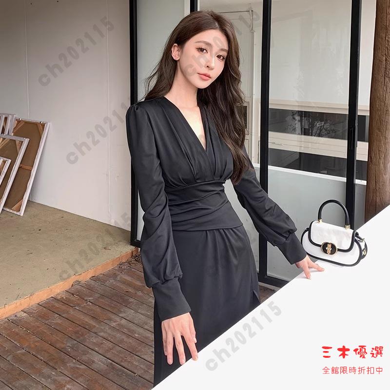 尾牙禮服 洋裝 法式設計高階感v領黑色連衣裙女秋季收腰性感氣質顯瘦禮服長裙子交換禮物 三木優選