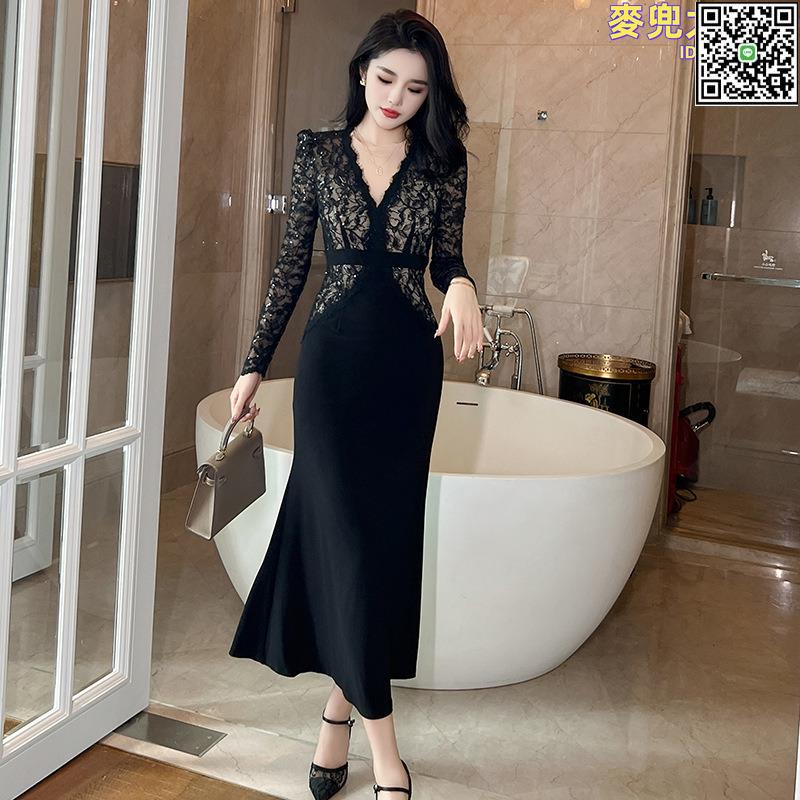 【全球優品滙】正式場合禮服長裙女秋季新款輕熟風氣質收腰修身長袖連衣裙20698