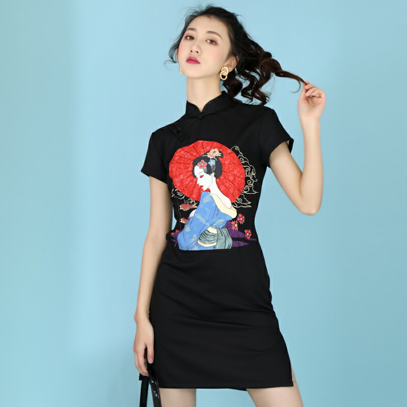 年輕款旗袍黑色時尚改良版學生國潮少女中國風連衣裙短款