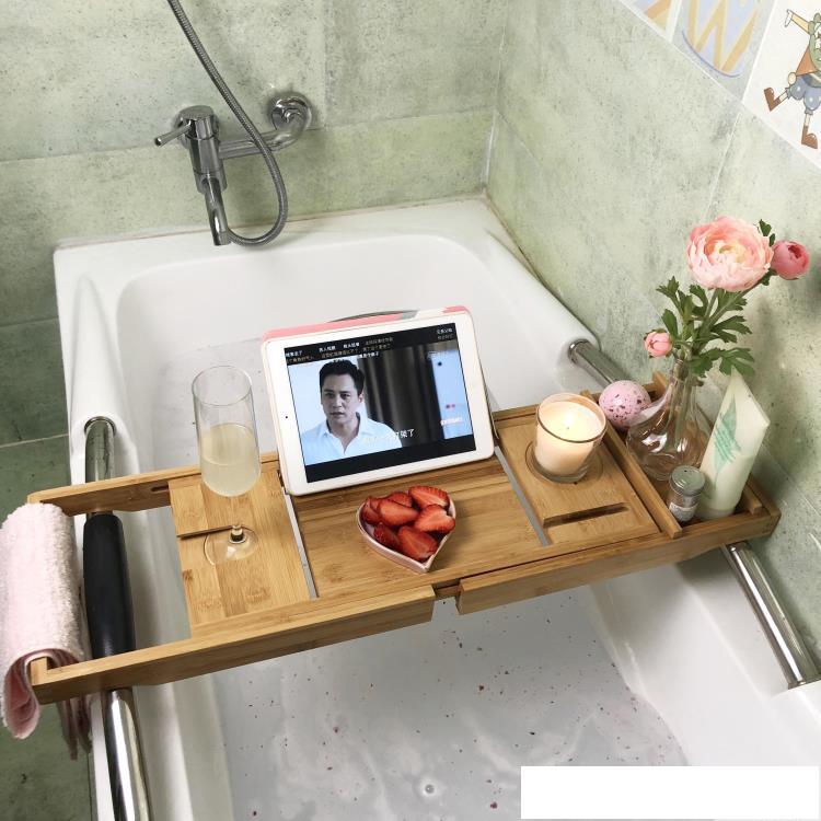 浴缸架浴室伸縮置物架板多功能浴缸隔板衛生間泡澡iPad手機支架竹