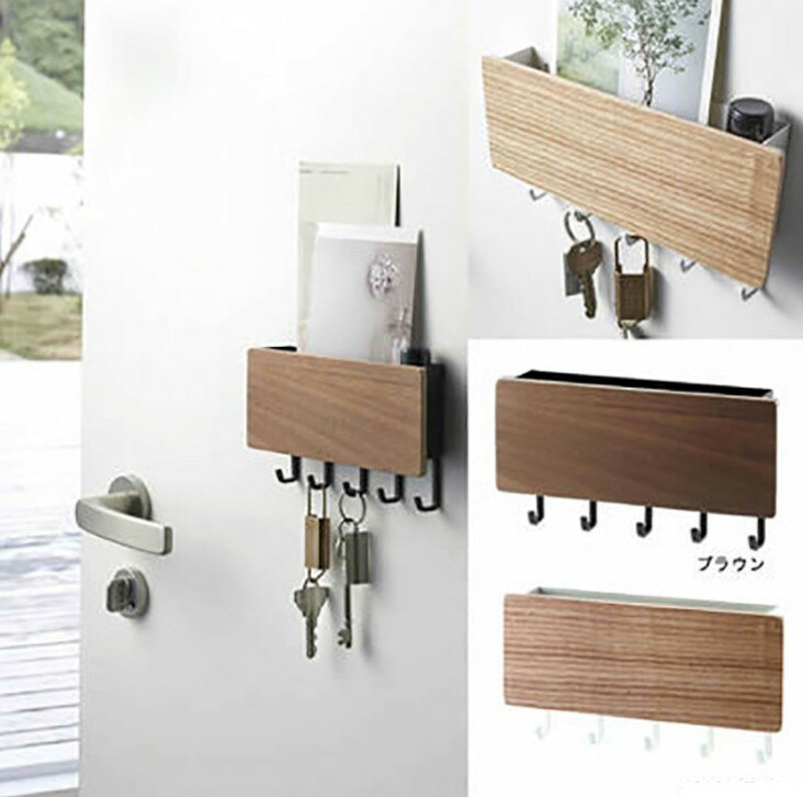日式免打孔鑰匙架 壁掛掛鉤鑰匙掛架門口多功能實木雜物收納架