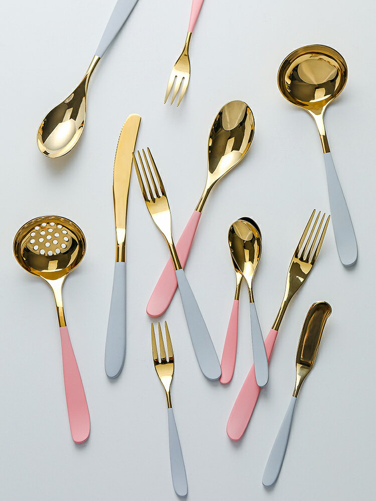 新月 糖果色西餐餐具 家用粉色灰色不銹鋼牛排刀叉勺三件套
