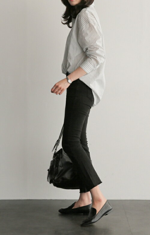 中大尺碼女裝~中長寬鬆藍條紋襯衫 女襯衫 長袖條紋襯衫 2024新款 4